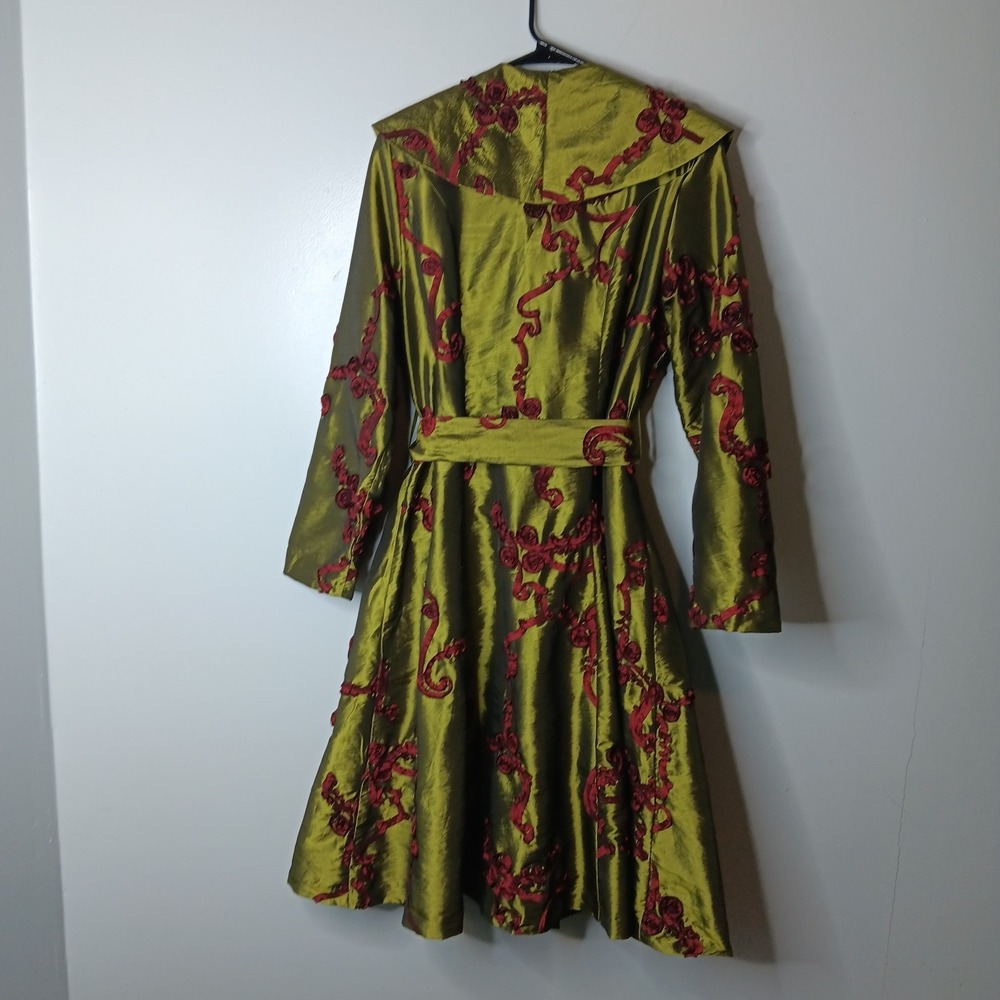 VTG Trench Coat M Green Red Rosette Double Breasted Avant Garde Runway Couture - Picture 9 of 11
